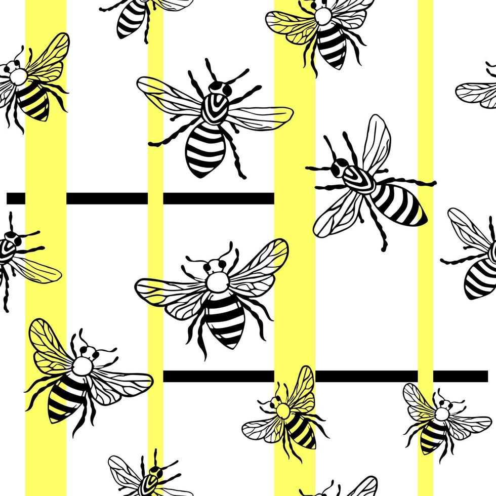 Bees seamless, endless vector pattern with yellow stripes. Hand-drawn insects, wasps in the style of doodles. Vector  modern design. eco-friendly, organic textiles. for packaging, labels, icon design.