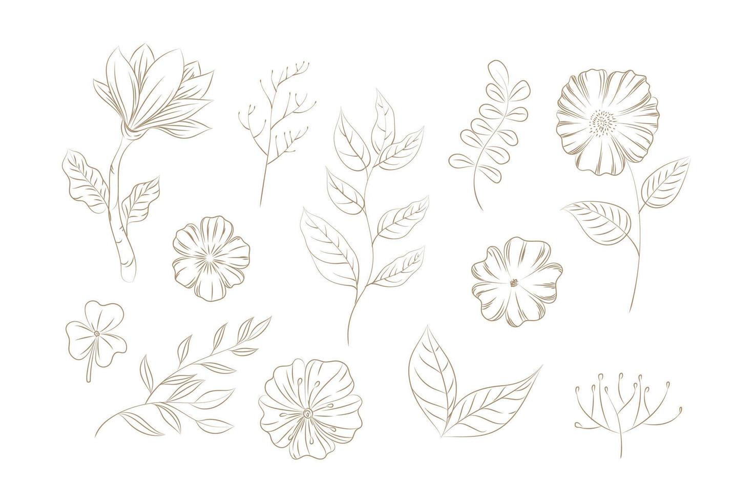 oodles Herbs and flowers, set of hand-drawn flowers, floral set of wildflowers and herbs, vector objects isolated on a white background. One Line Drawing Vector Flowers Print Set. Botanical