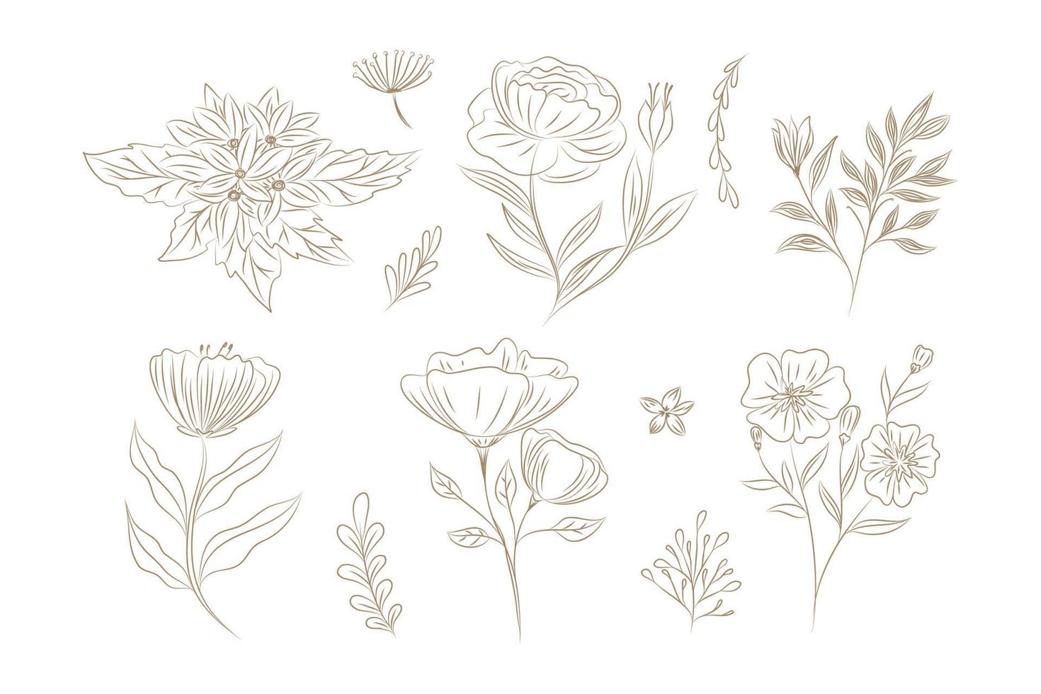 montones de hierbas y flores, un conjunto de flores dibujadas a mano, un conjunto floral de flores silvestres y hierbas, objetos vectoriales aislados en un fondo blanco. conjunto de impresión de flores vectoriales de dibujo de una línea. botánico vector