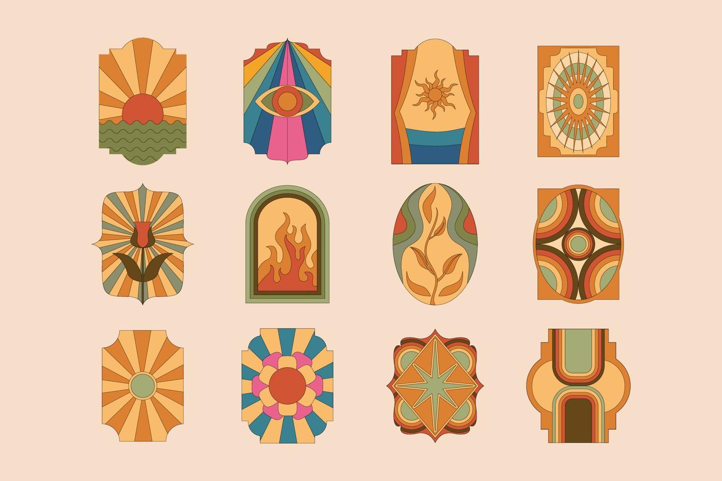 pegatinas hippie retro hippie grueso de arte lineal simple, elementos de paquete de conjunto maravilloso psicodélico. iconos antiguos al estilo de los años 70-80. ilustración vectorial plana, plantillas de diseño con arco iris, sol y marco. vector