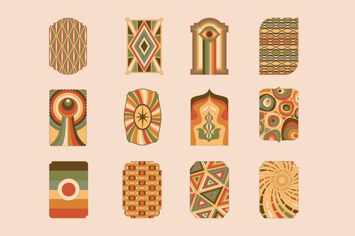 pegatinas hippie retro hippie grueso de arte lineal simple, elementos de paquete de conjunto maravilloso psicodélico. iconos antiguos al estilo de los años 70-80. ilustración vectorial plana, plantillas de diseño con arco iris, sol y marco. vector