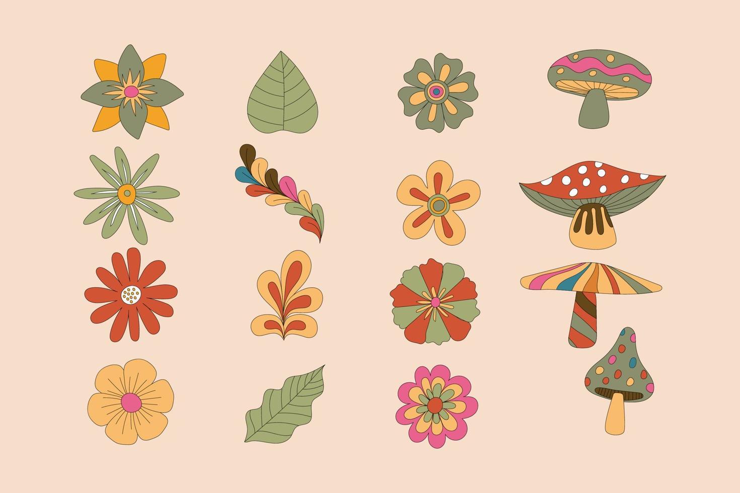 pegatinas hippie retro hippie gruesas de arte lineal simple, elementos de paquete de conjunto maravilloso psicodélico. iconos antiguos al estilo de los años 70-80. ilustración vectorial plana, plantillas de diseño con flores, hojas. vector