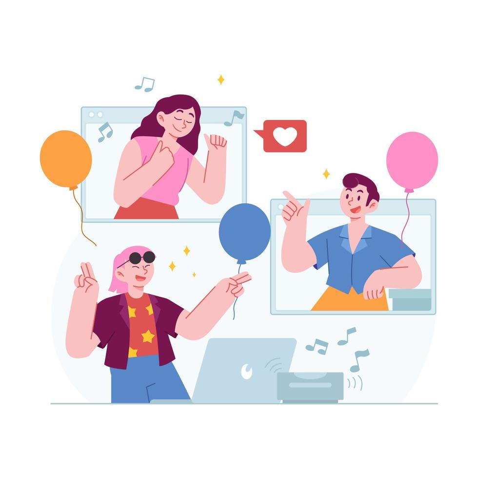 Online Party concept vector Illustration idea for landing page template, meeting to celebrate event in video call, congratulate friends, collagues or family in festive, Happy conversation, flat style