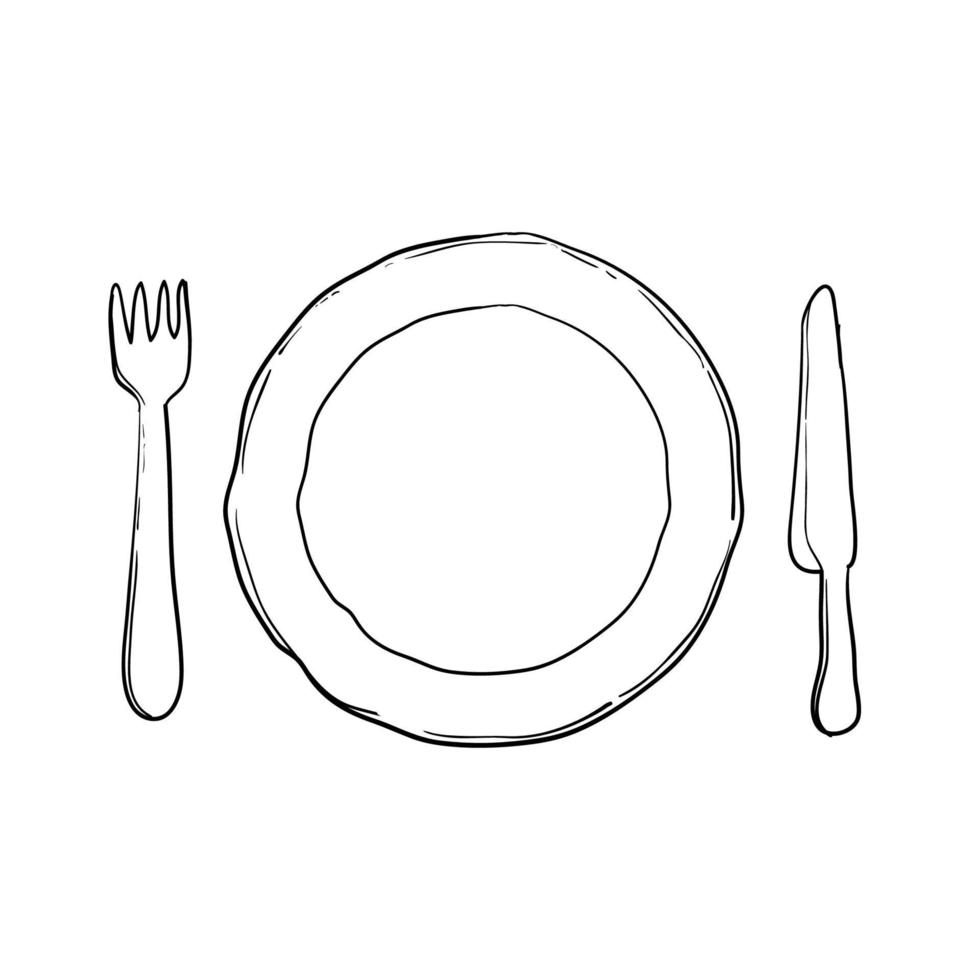 plate, knife and fork Vector illustration handdrawn doodle style