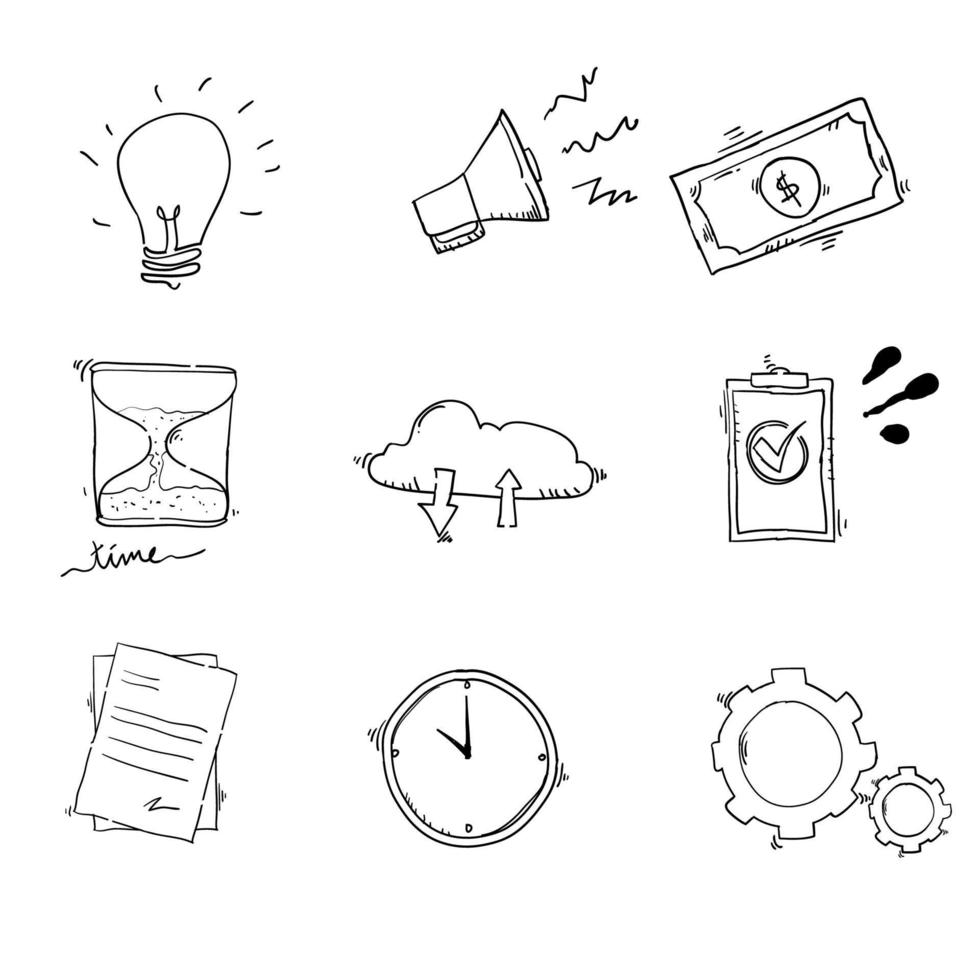 colección de vector de estilo de dibujos animados de doodle de icono de negocio dibujado a mano