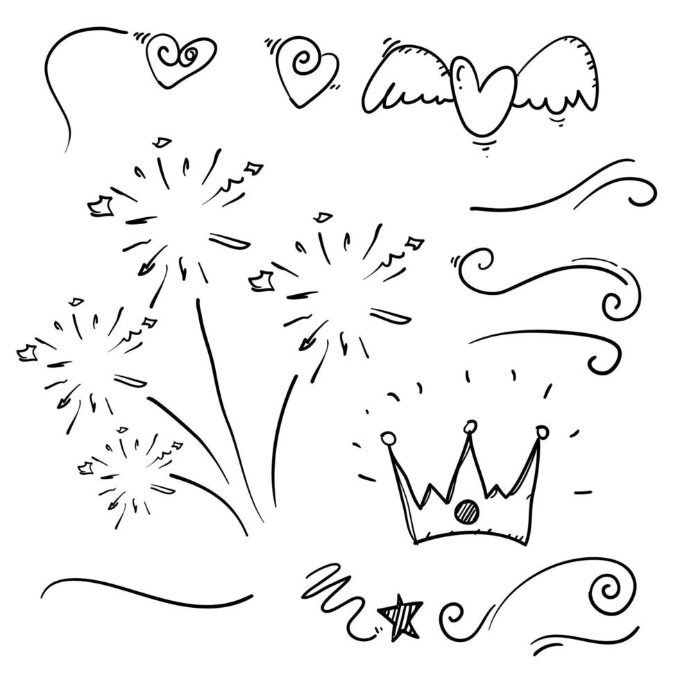 hand drawn collection of curly swishes, swashes, swoops. Calligraphy swirl. Highlight text elements with doodle cartoon style vector