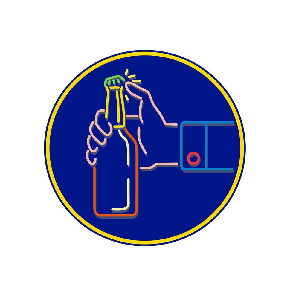 Hand Opening Beer Bottle Circle Mono Line vector