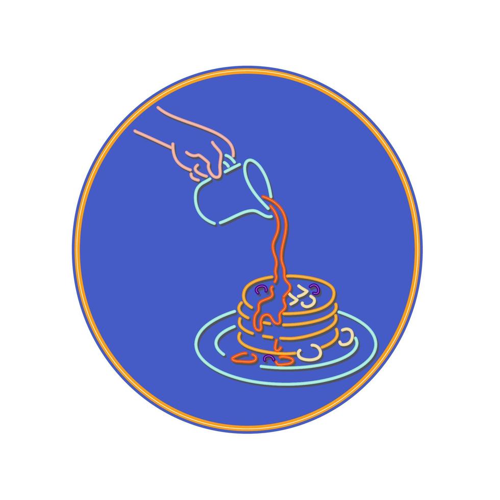 Hand Pouring Syrup on Pancake Neon Oval vector