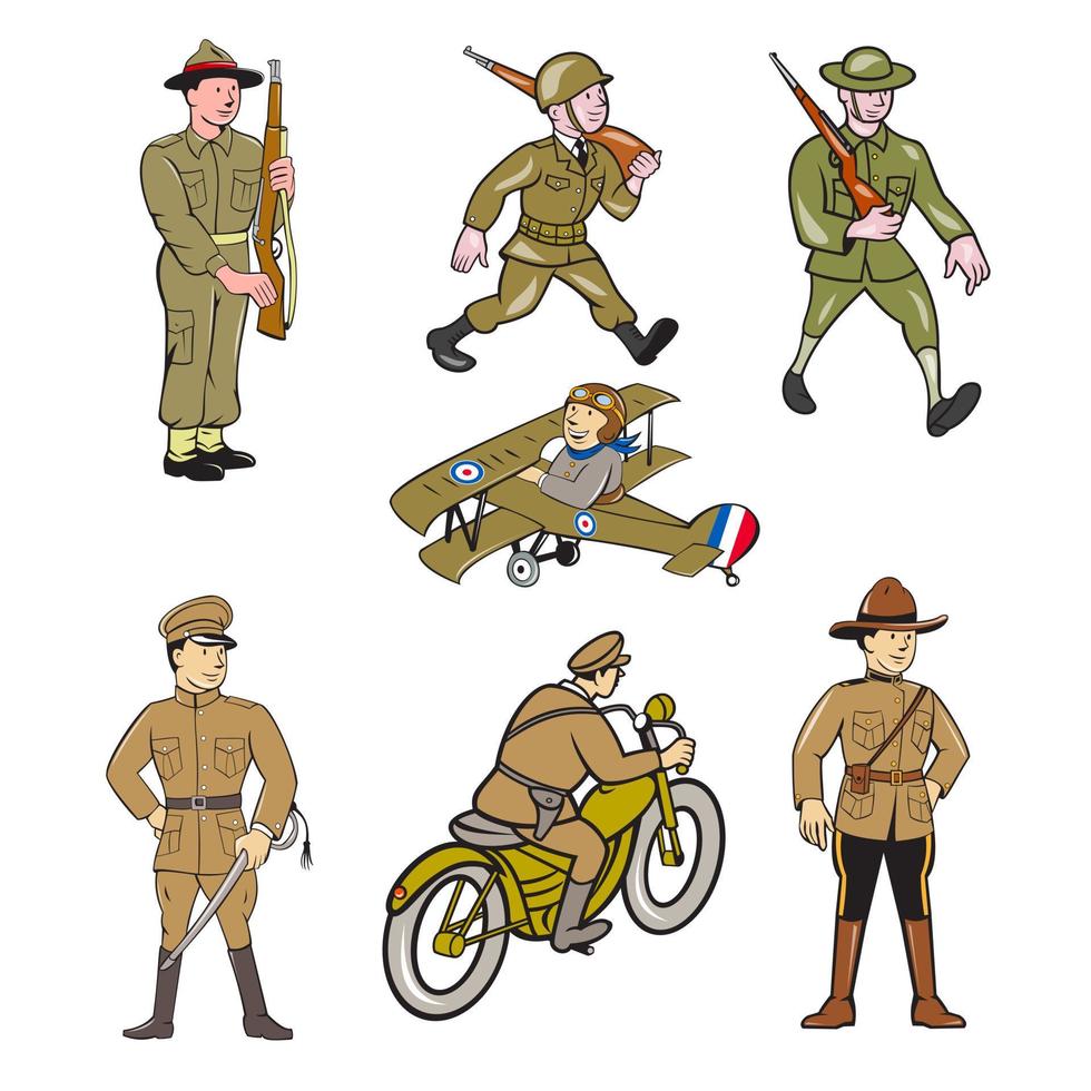 conjunto de dibujos animados de soldado de la primera guerra mundial  6127226 Vector en Vecteezy