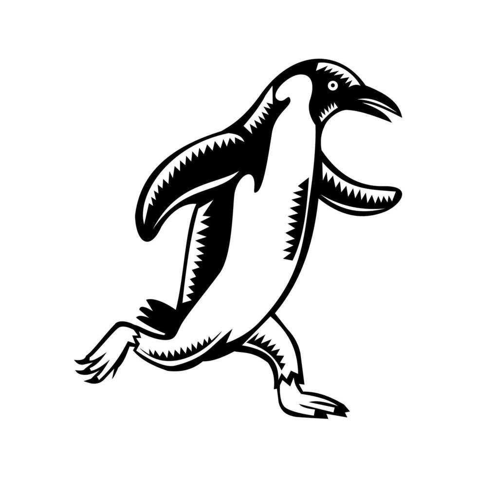 Gentoo Penguin Running Woodcut vector