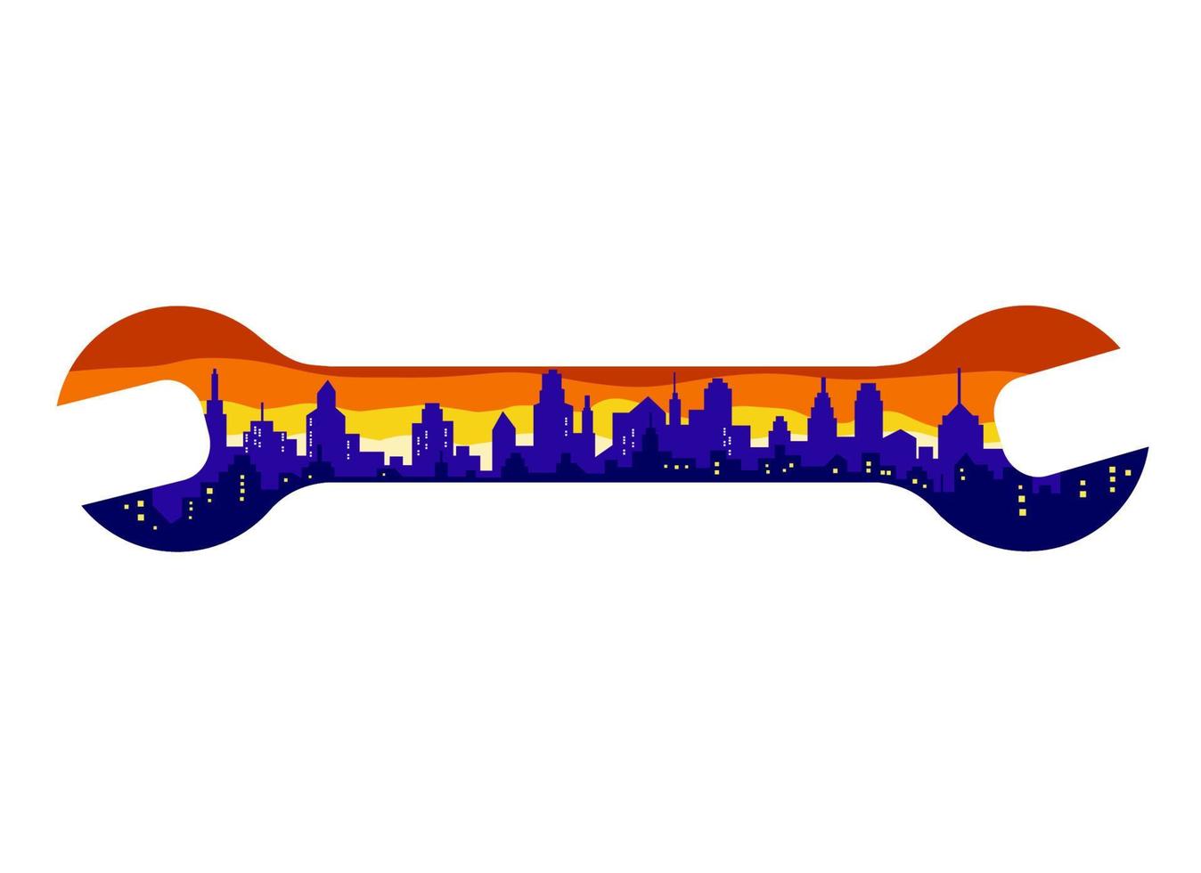 Wrench With Citiscape Buildings Silhouette Retro vector