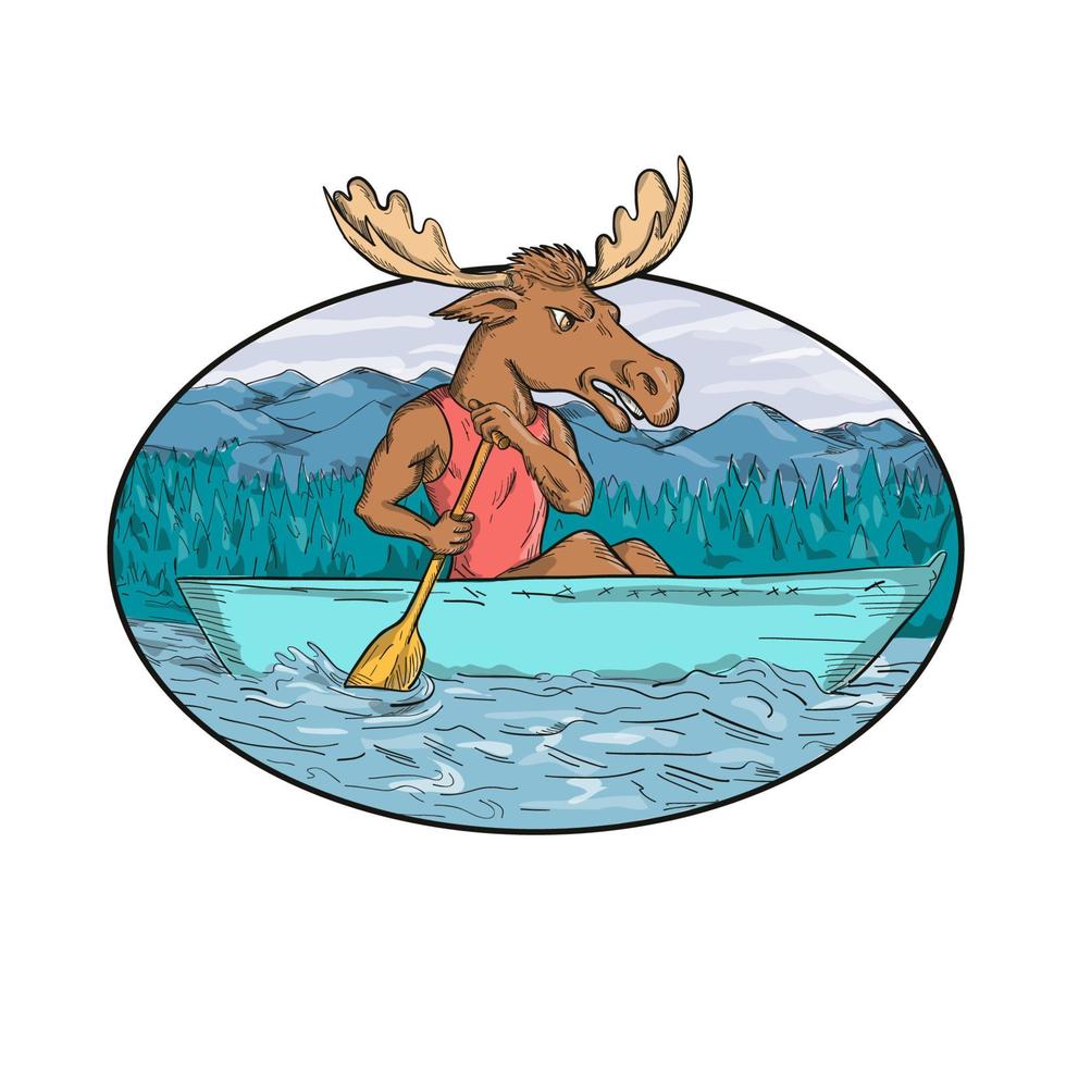 Moose Paddling Canoe Drawing Oval vector