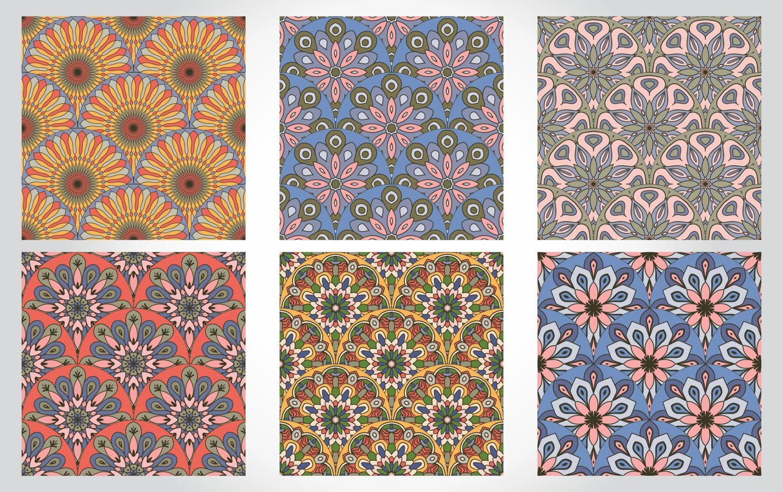 Set of abstract mandala fish scale seamless patterns. Ornamental tile, mosaic backgrounds. Floral patchwork infinity cards. Arabic, Indian, ottoman motifs. vector