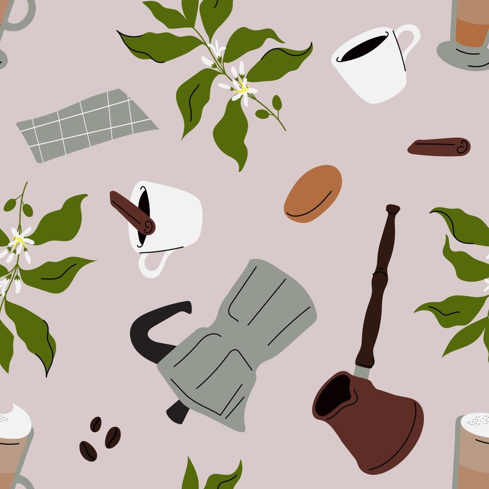 Seamless pattern with coffee drinks, barista tools, coffee beans vector