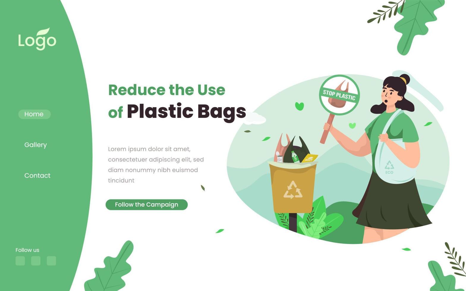 reducir el uso del concepto de diseño plano de la campaña de bolsas de plástico vector