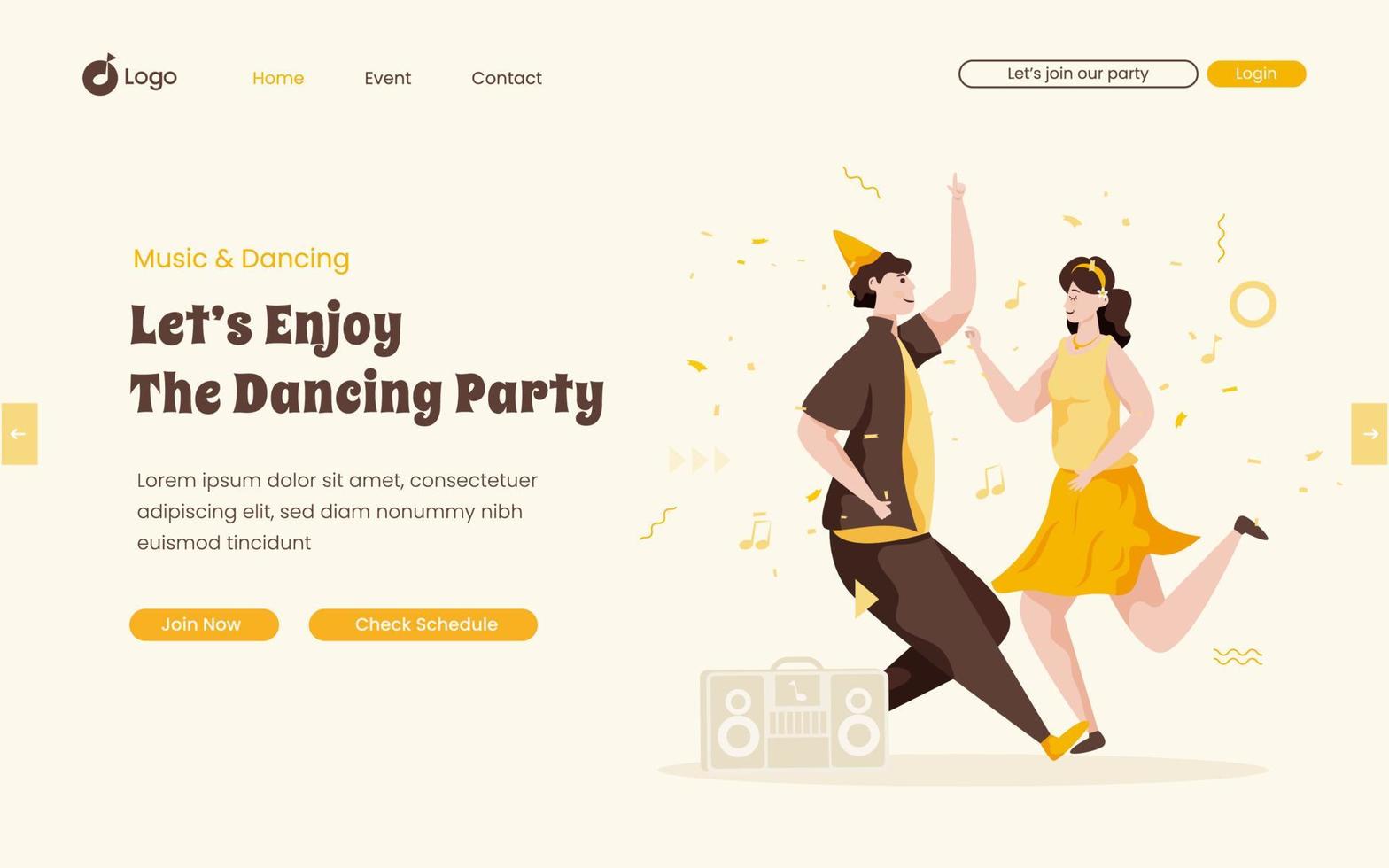 Couple dancing party illustration on landing page design vector