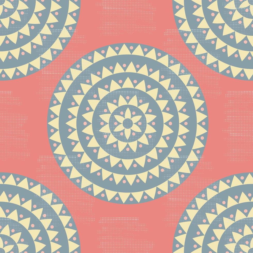 Colorful grunge halftone ethnic tribal native mandala seamless pattern. Ornamental polka dot background with floral motifs, triangles, dots. vector