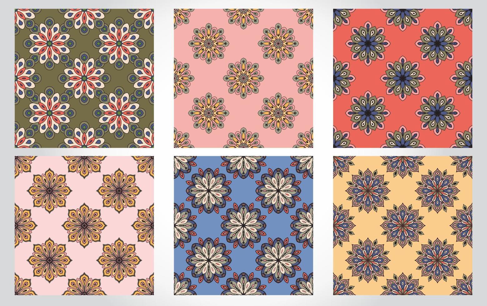 Set of abstract seamless pattern with mandala flowers. Mosaic, tile, polka dot collection of floral backgrounds. vector