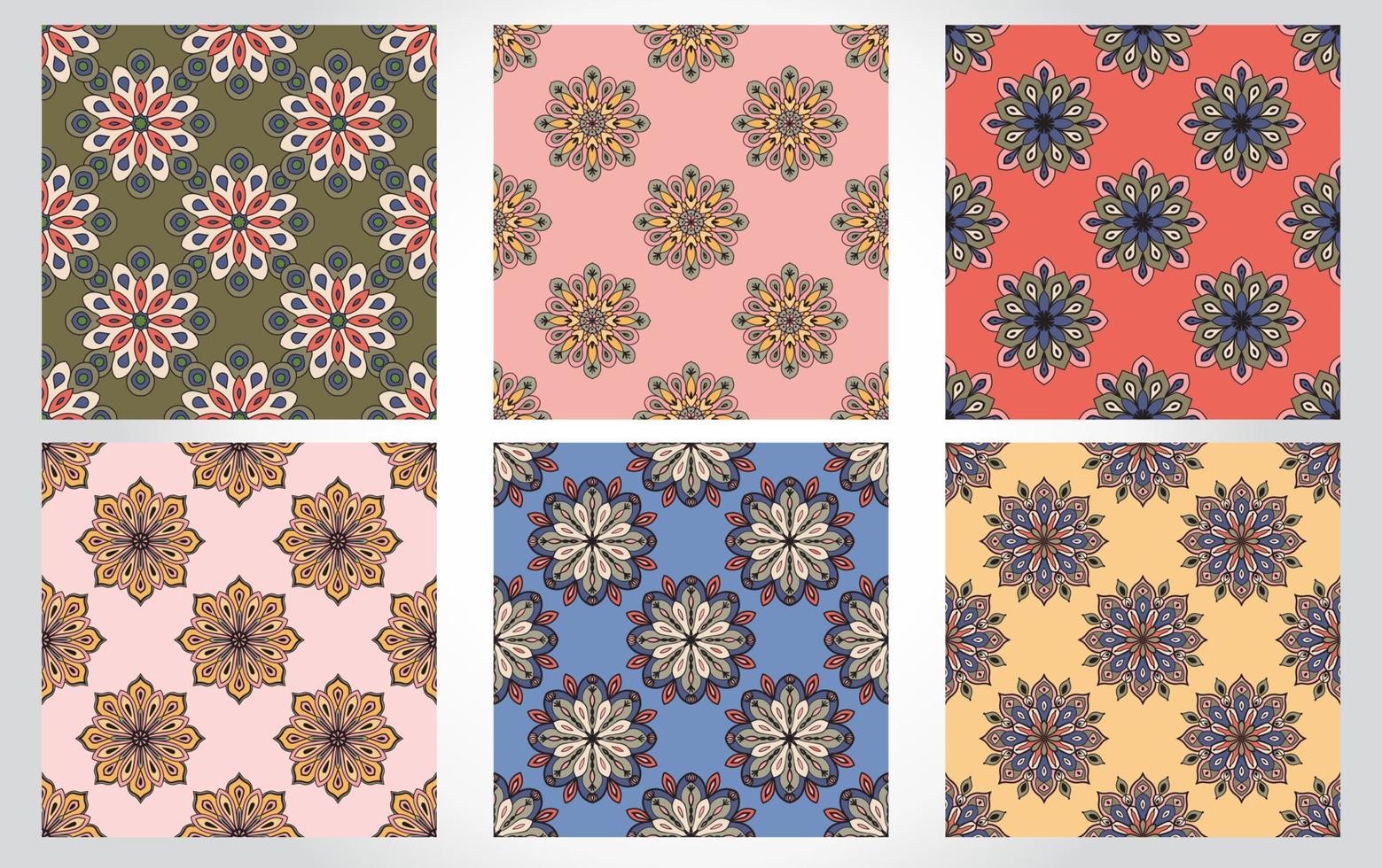 conjunto de patrones sin fisuras abstractos con flores de mandala. mosaico, azulejo, colección de lunares de fondos florales. vector