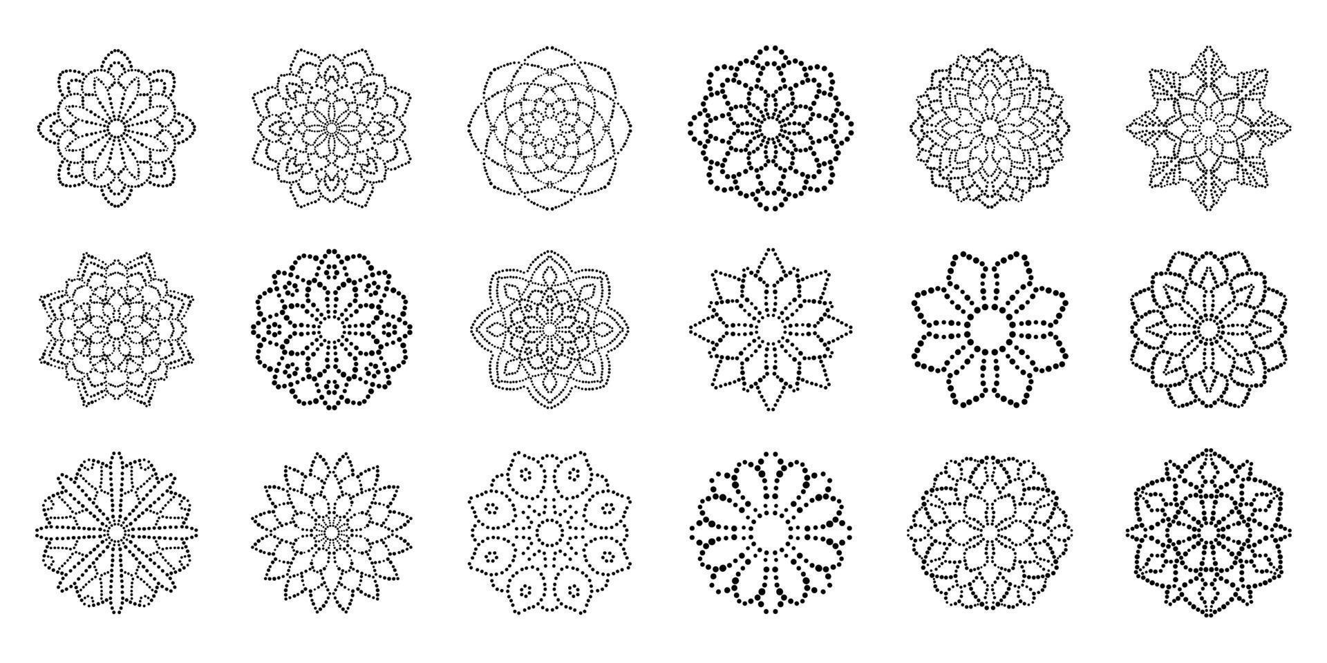 Big set of ornamental round dotted flowers isolated on white background. Black halftone mandalas. Geometric circle elements collection. vector