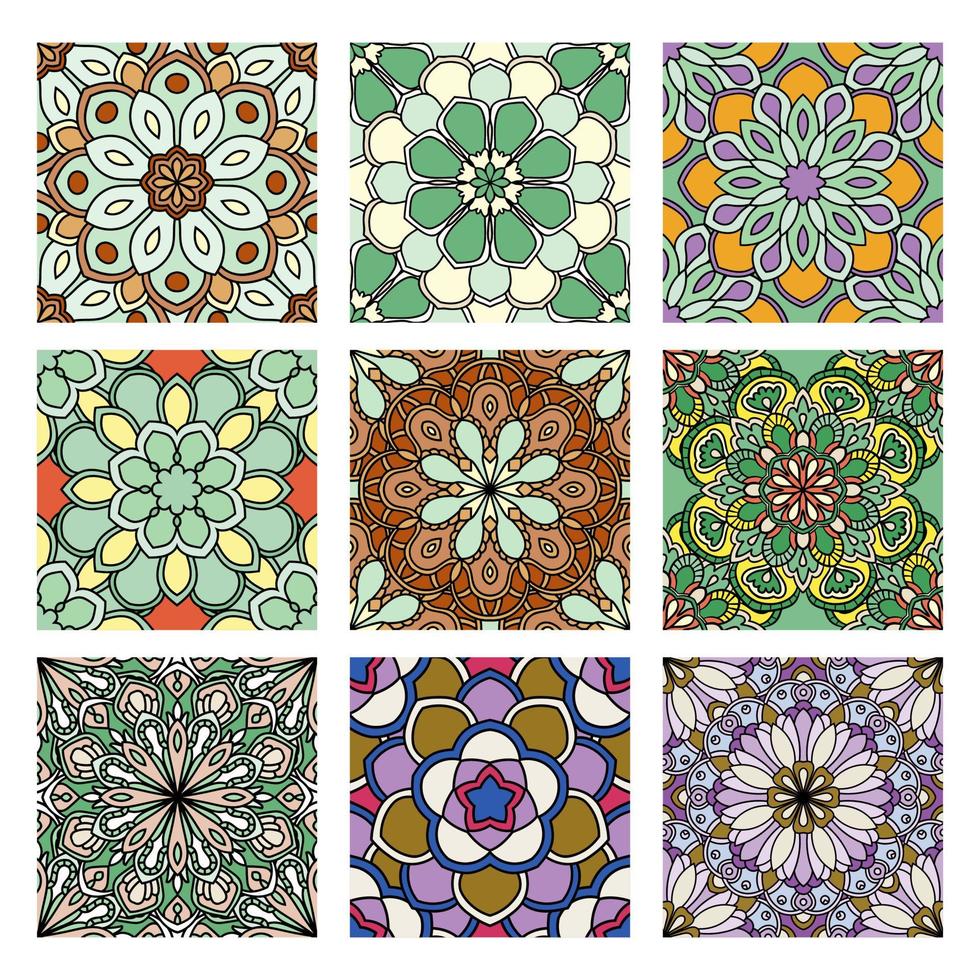Set of abstract seamless pattern with mandala flowers. Mosaic, tile, polka dot. Floral backgrounds collection. vector