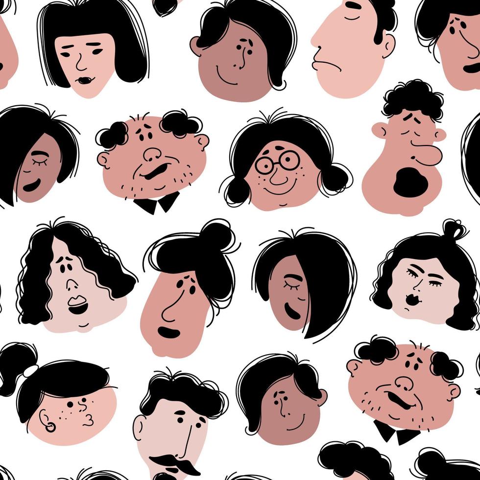 Seamless pattern of female and male faces in doodle style on a white background. Vector cartoon.