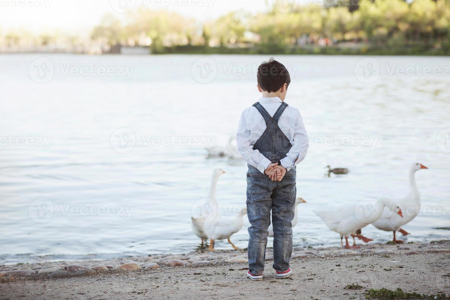 Thoughtful child on the lake. Back view photo