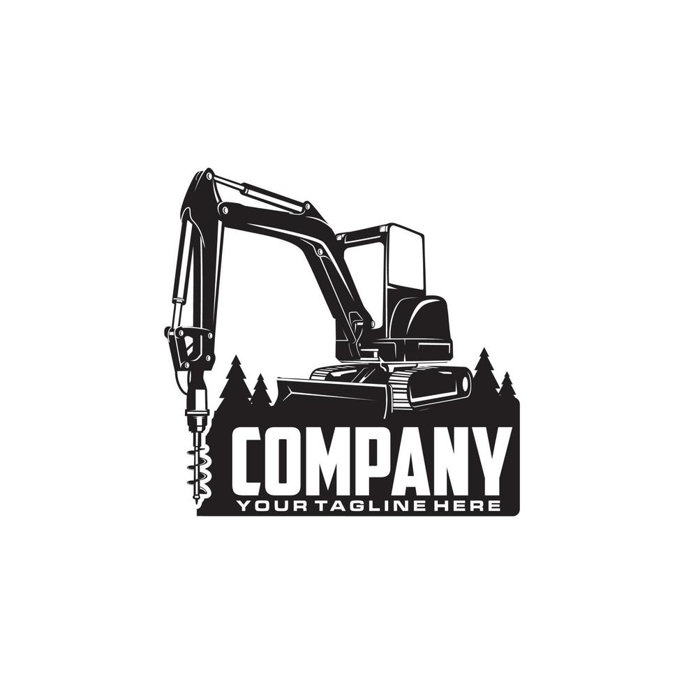 mini excavator drill and pine trees logo vector