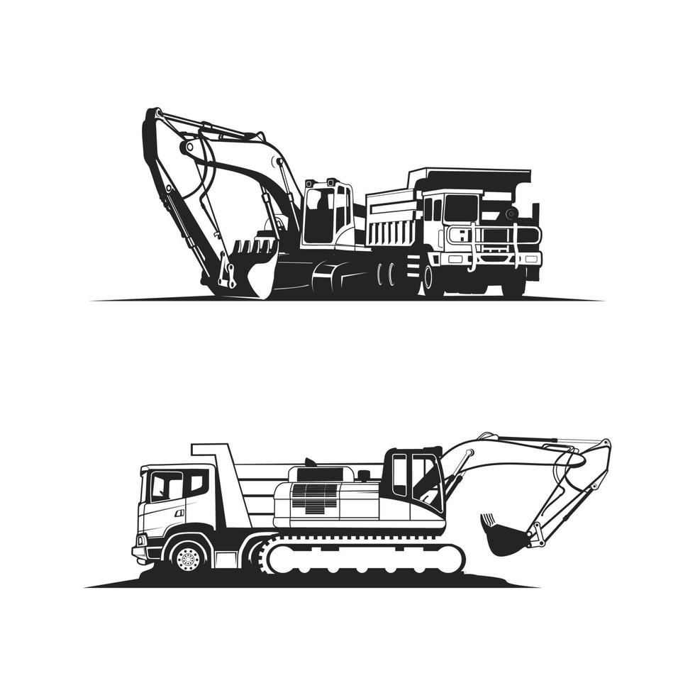 dump truck and excavator silhouette vector