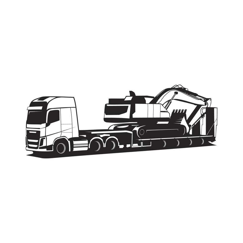 semi truck pulling excavator silhouette vector