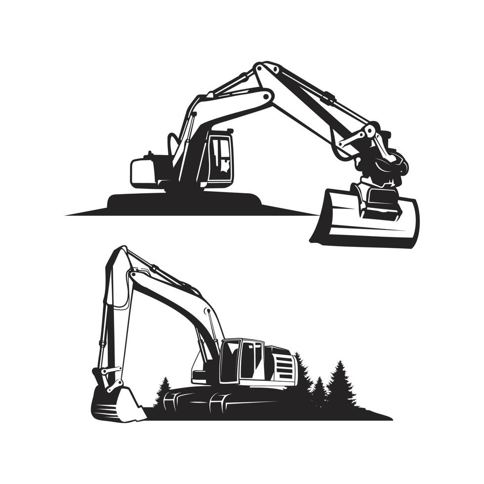 excavator silhouette, black and white excavator vector