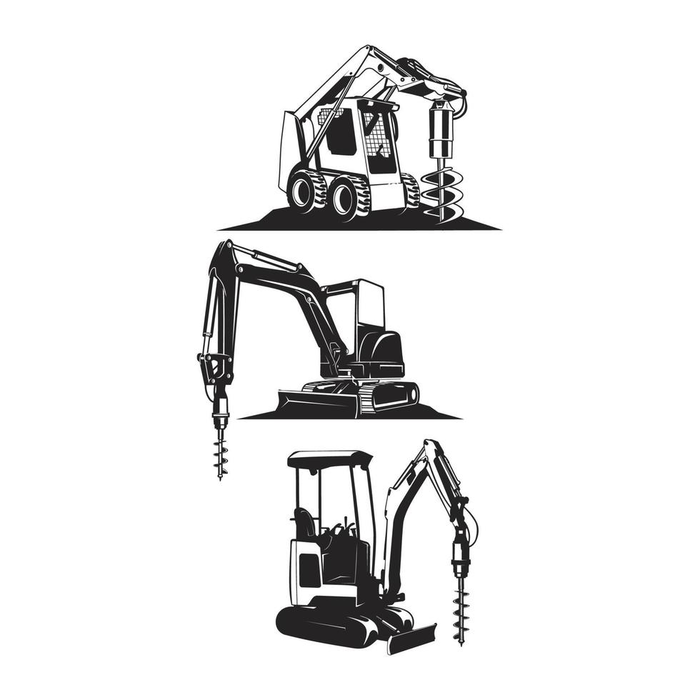 silueta de taladro de miniexcavadora, taladro de excavadora en blanco y negro vector