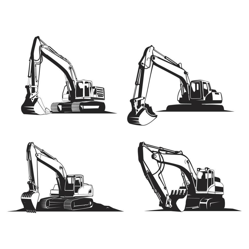 excavator silhouette, black and white excavator vector