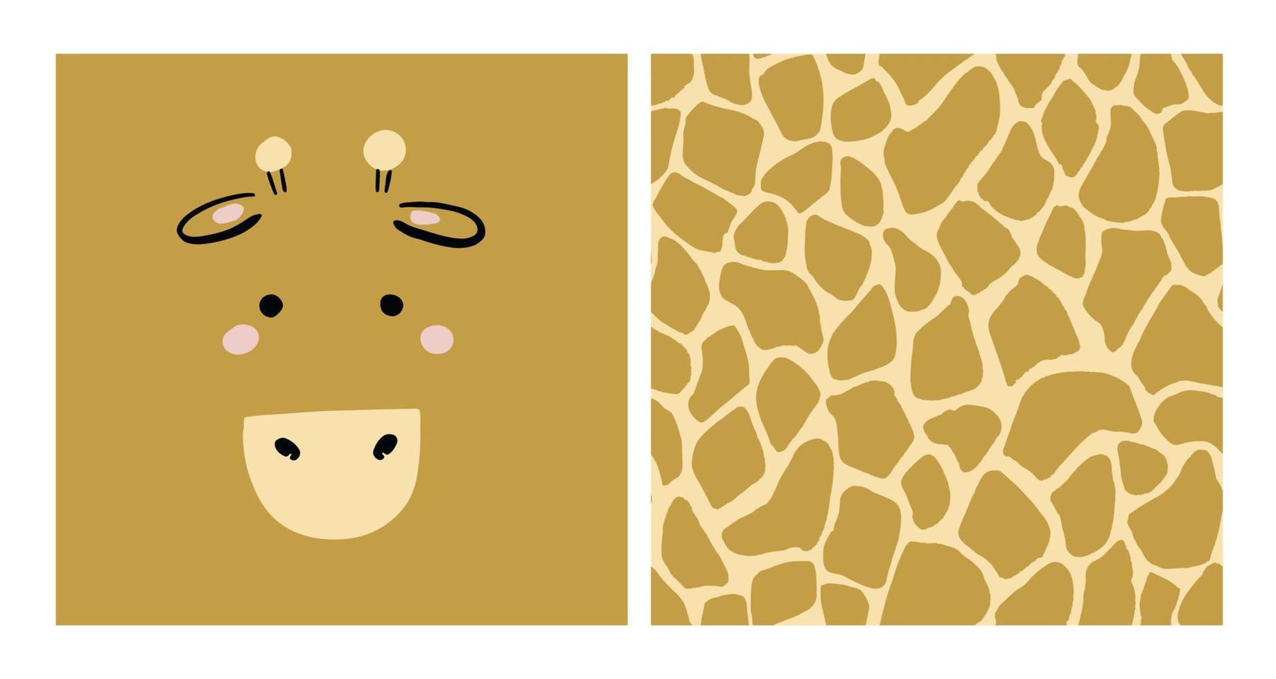 Giraffe graphics. Hand drawn card with cute giraffe face and african giraffe skin pattern. Seamless background. Kids giraffe animal character. Baby poster, nursery wall art, card, room decoration. vector