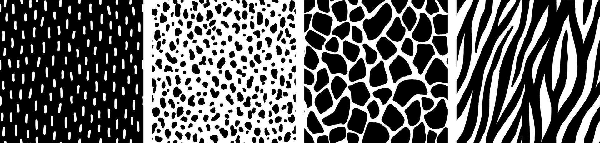 conjunto de patrones vectoriales de piel animal. estampados abstractos de animales en blanco y negro con pinceladas pintadas a mano. fondos y texturas abstractos sin fisuras. vector