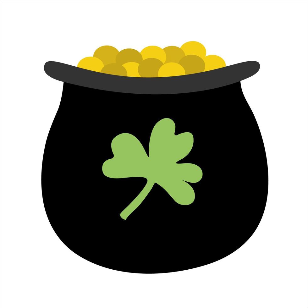 Pot of gold St. Patrick's day symbol. Cartoon  vector illustration isolated on white. Great for greeting cards, pub invitations, posters.