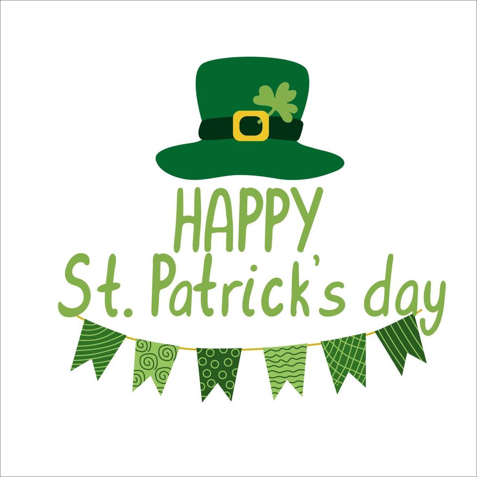 Happy St. Patrick's day lettering with green leprechaun hat and garland. Cartoon vector illustration isolated on white. Great for greeting cards, t-shirts design, posters.