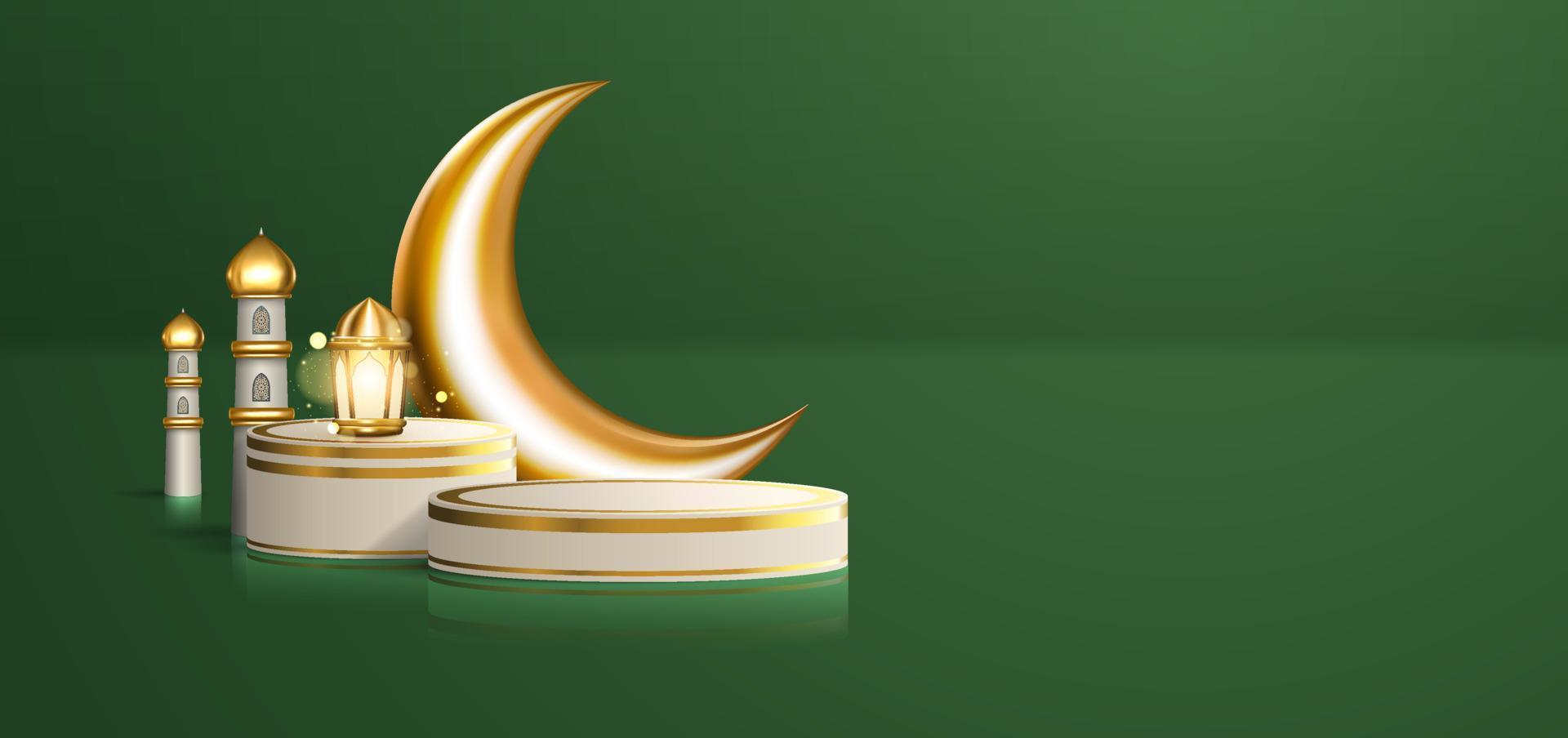 Realistic 3d Islamic celebration with Arabic ornament and product podium in green background. Ramadan Kareem illustration for advertising, sales, online shopping, and marketing vector