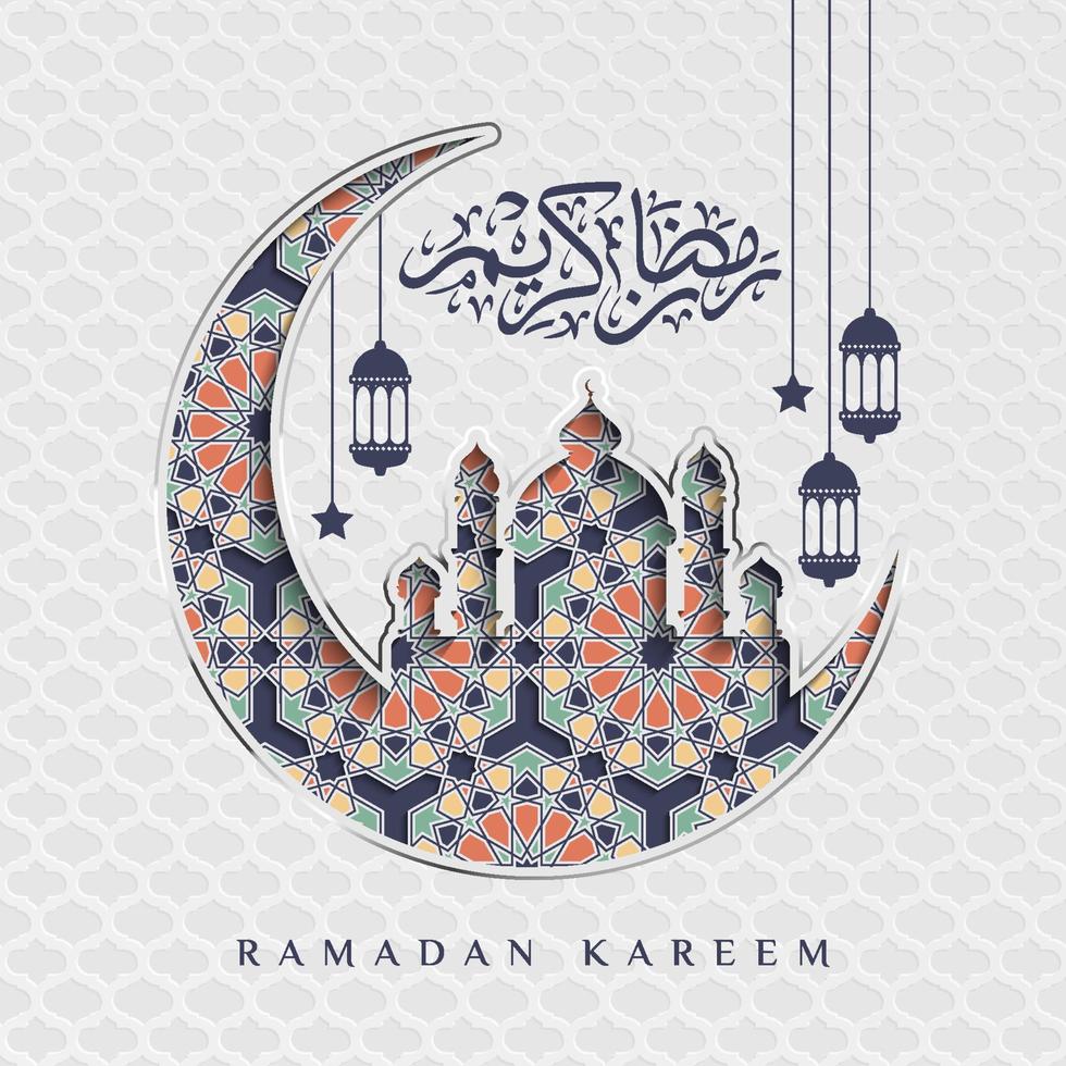 hermoso ramadan kareem en estilo de corte de papel con caligrafía árabe, patrón arabesco, media luna, mezquita y adorno de linternas. ramadán kareem en caligrafía árabe vector