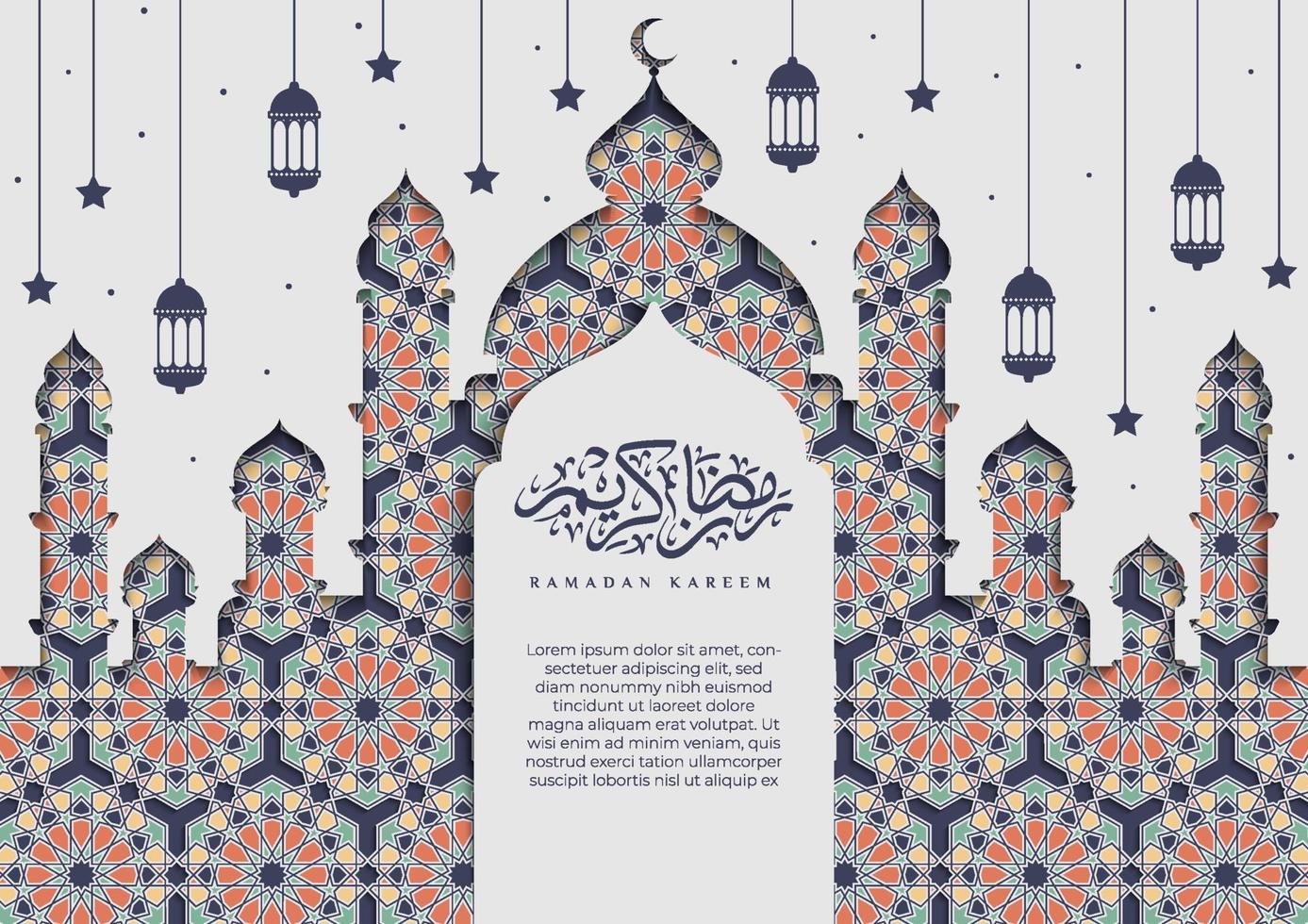 Beautiful Ramadan Kareem in paper cut style with Arabic calligraphy, Arabesque pattern, mosque, and Islamic ornament. Ramadan Kareem in Arabic calligraphy vector