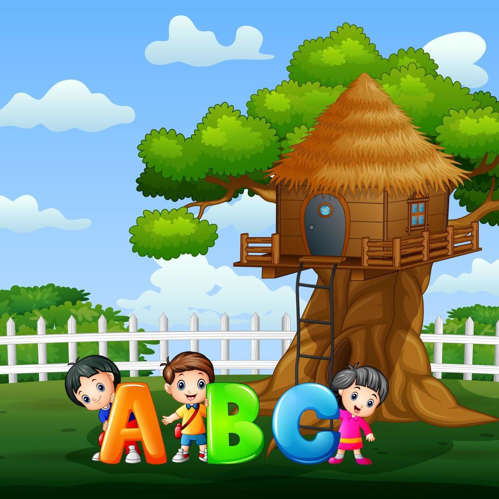 niños felices con texto abc en el parque vector