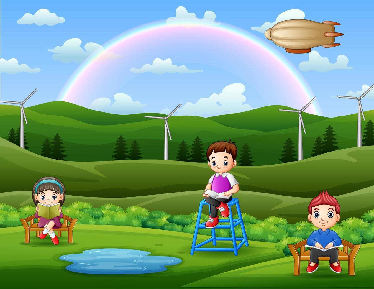 Children reading books in the garden illustration vector
