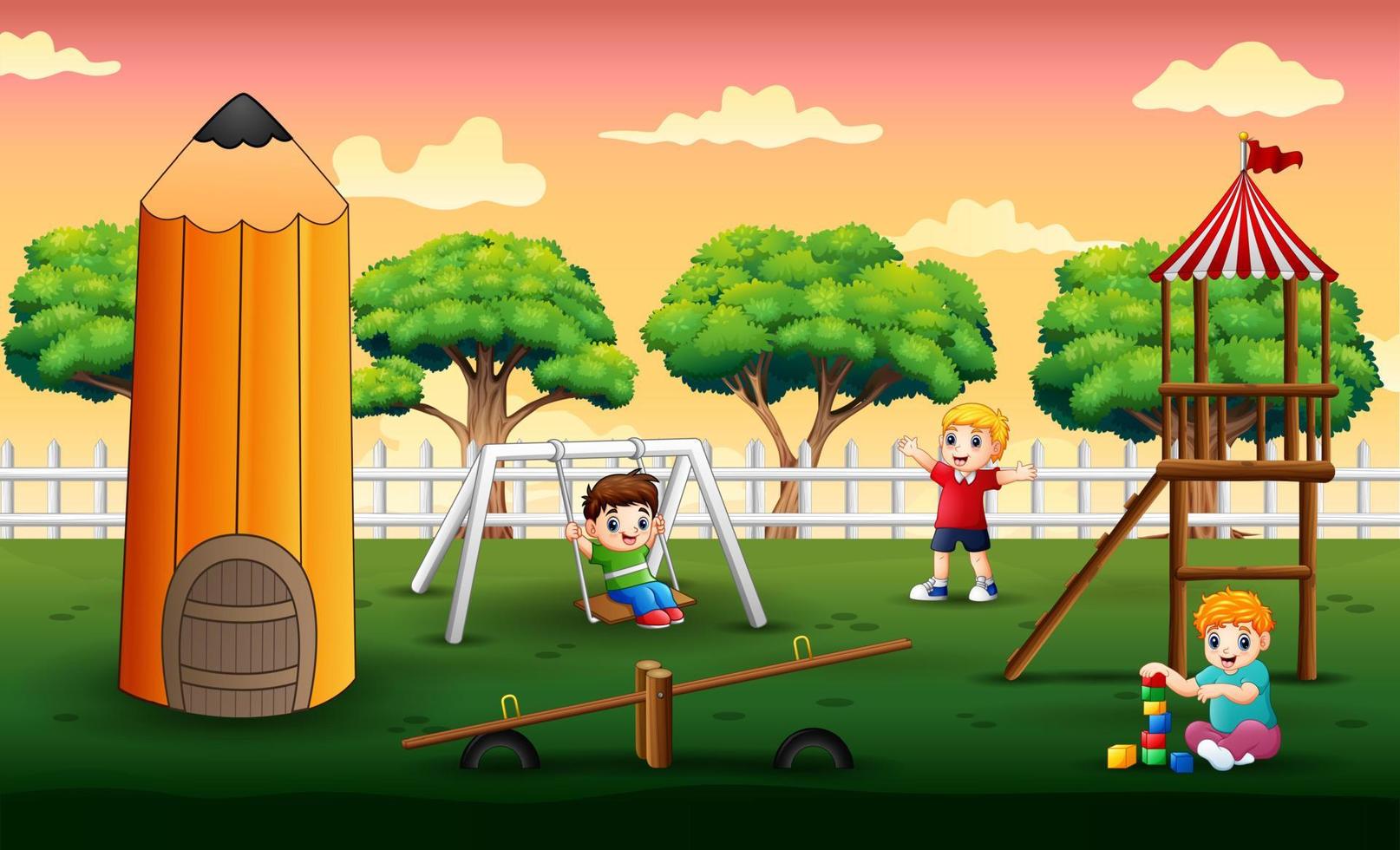escena con niños jugando en el parque vector