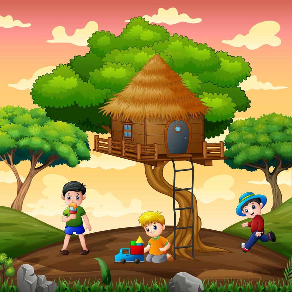 niños divertidos jugando bajo la casa del árbol vector