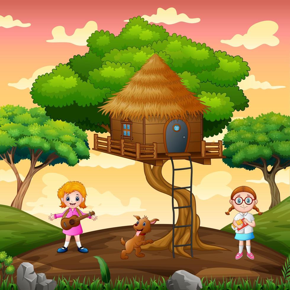 Happy girl playing at the tree house vector