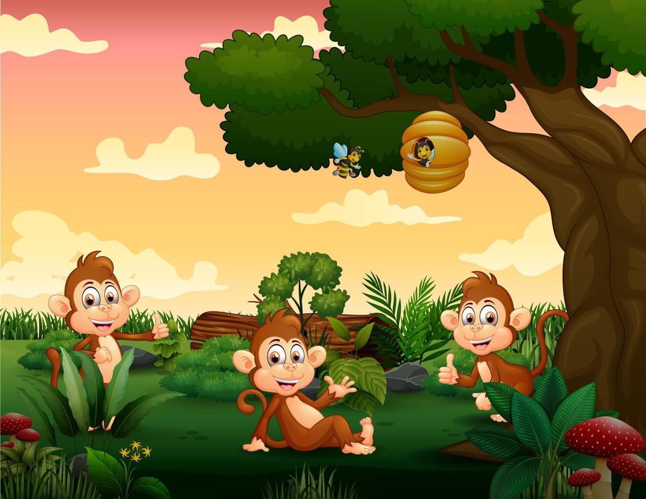 Three monkeys playing at the park vector