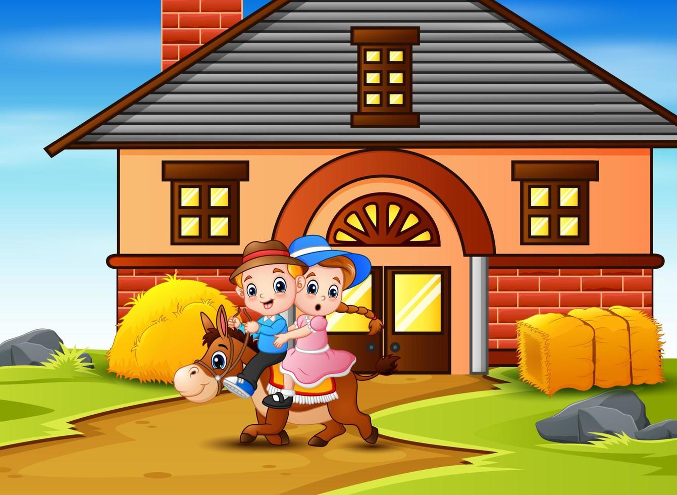 A boy and girl riding a horse in front the barn vector