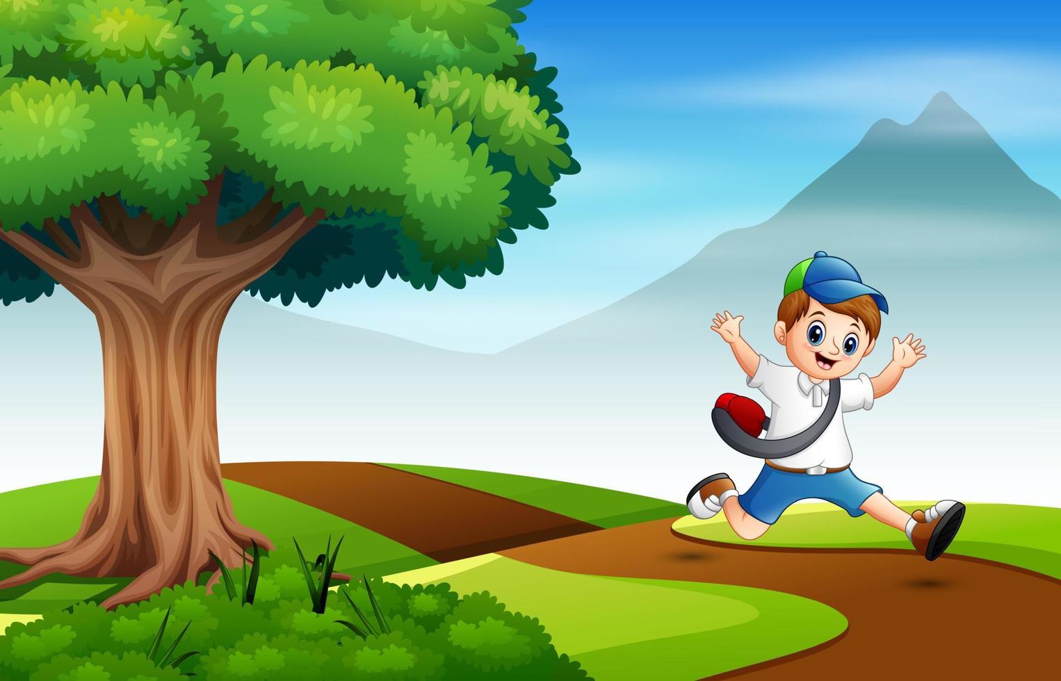 Boy running on the road to school vector