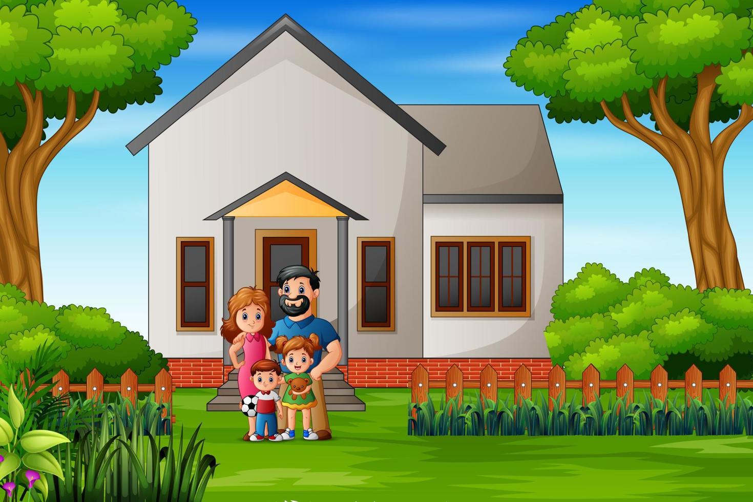 Cartoon family in front of the house yard vector