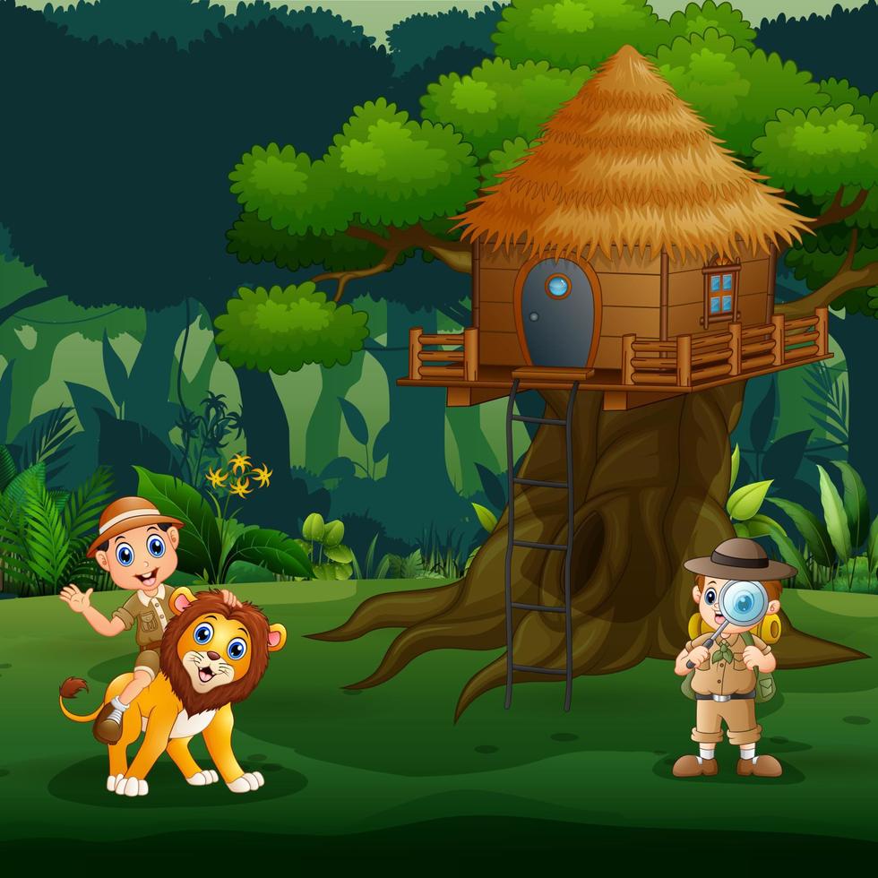niños guardianes del zoológico jugando con un león debajo de la casa del árbol vector